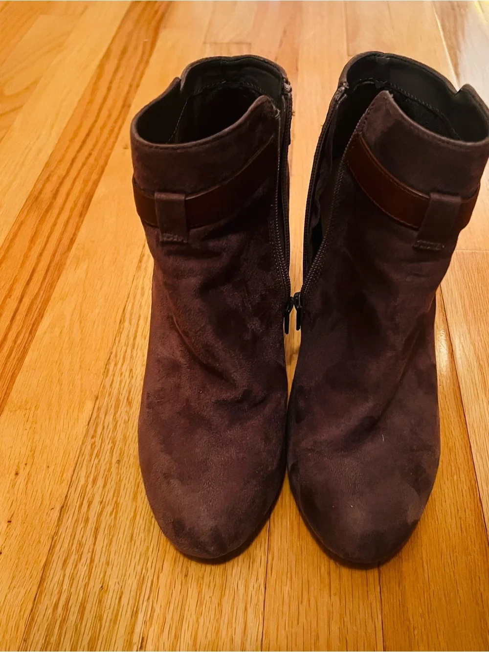 Bamboo feature a taupe-colored faux Suede Block Heel Ankle Booties